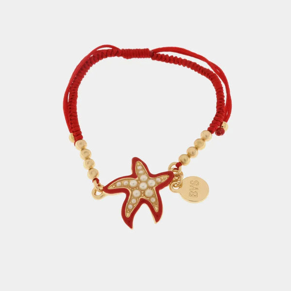 Bracciale in Metallo con cordino rosso e sfere con stella marina - BYSIMON gioielli