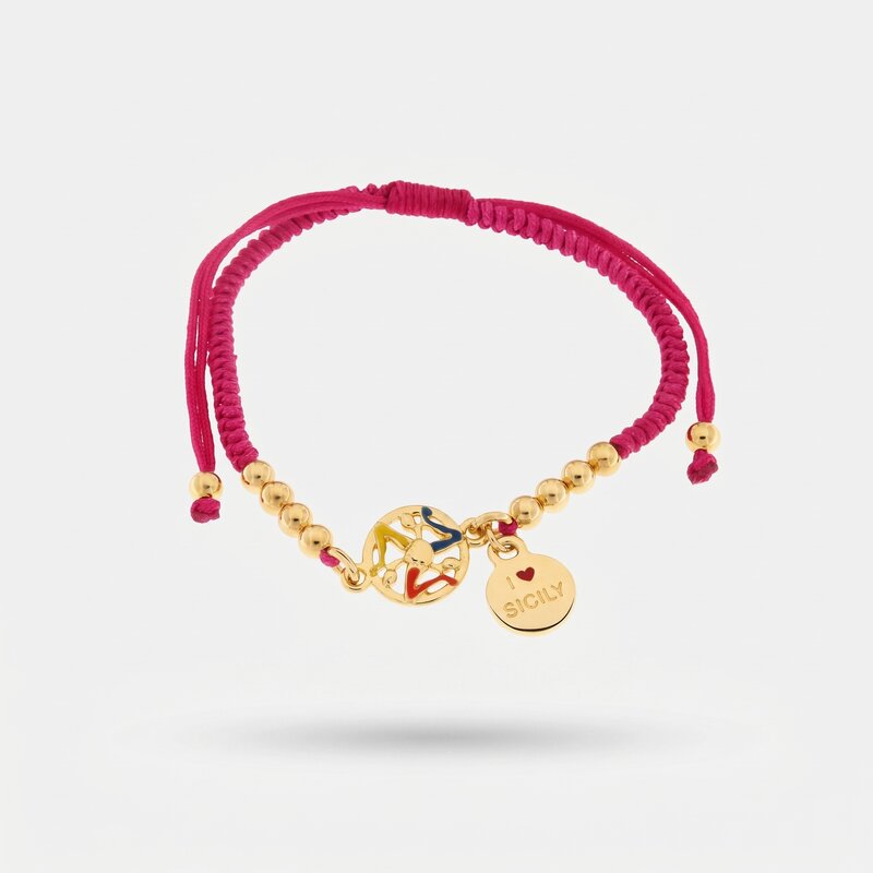 Bracciale in Metallo con cordino fucsia e trinacria - BYSIMON gioielli