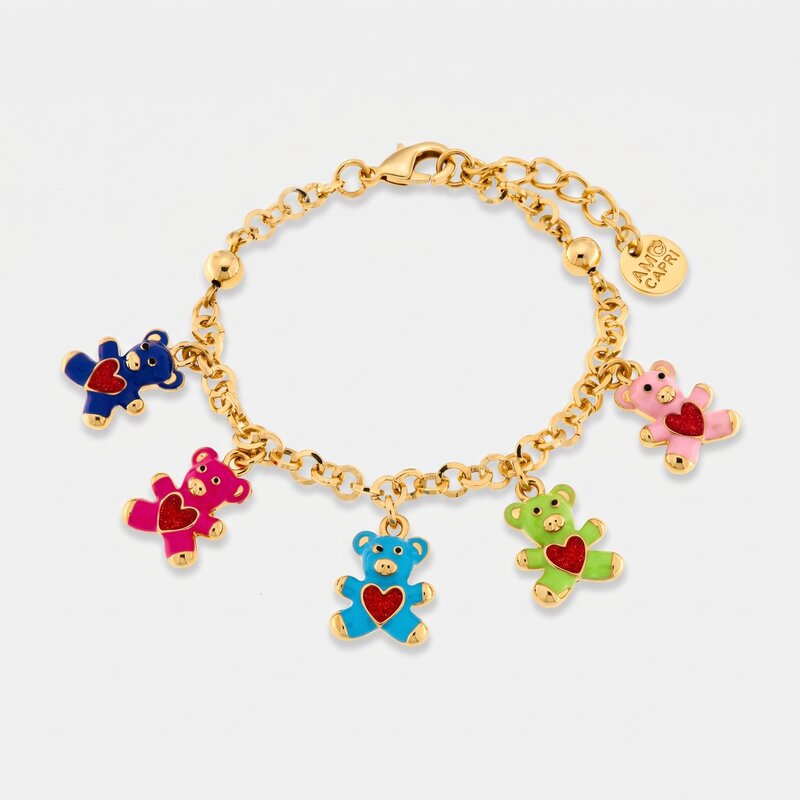 Bracciale in Metallo con orsetti colorati e cuori rossi - BYSIMON gioielli