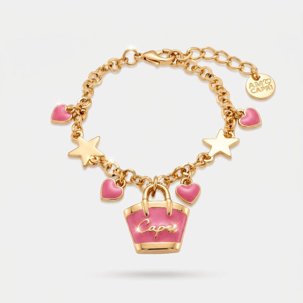 Bracciale in Metallo con borsa rosa Capri e cuori - BYSIMON gioielli
