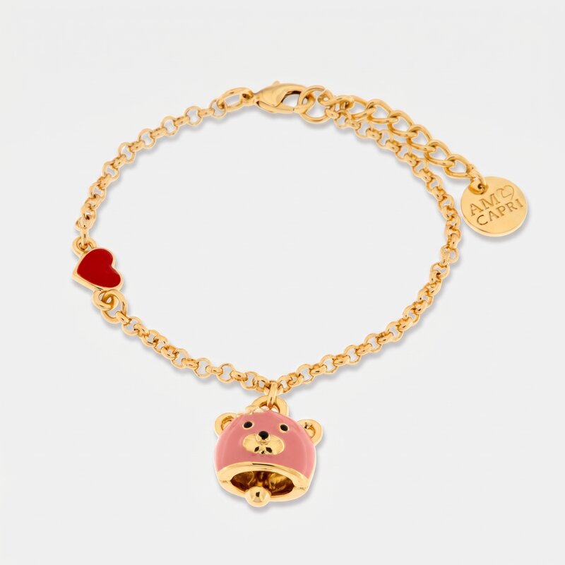 Bracciale in Metallo con campanella a forma di orso rosa e cuore rosso - BYSIMON gioielli