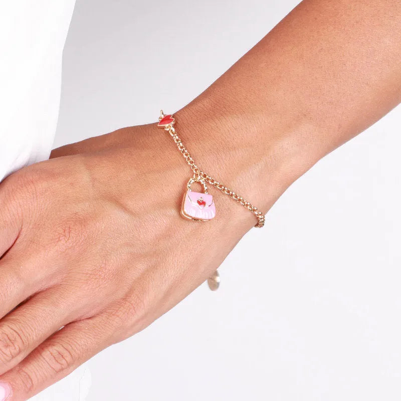 Bracciale in Metallo con borsa rosa e cuori - BYSIMON gioielli