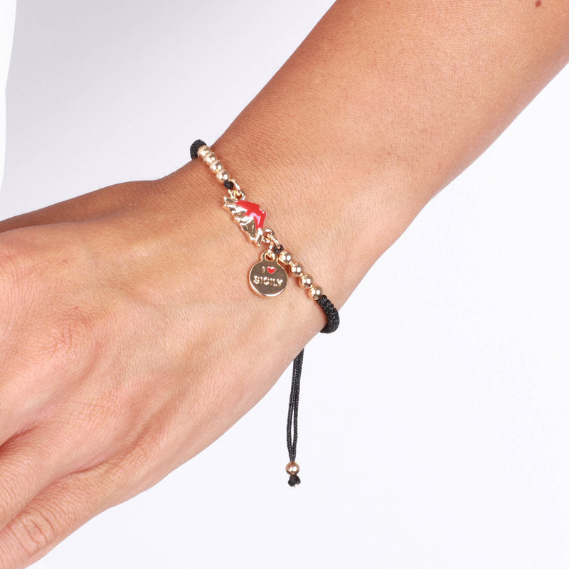 Metal bracelet with Etna and black cord