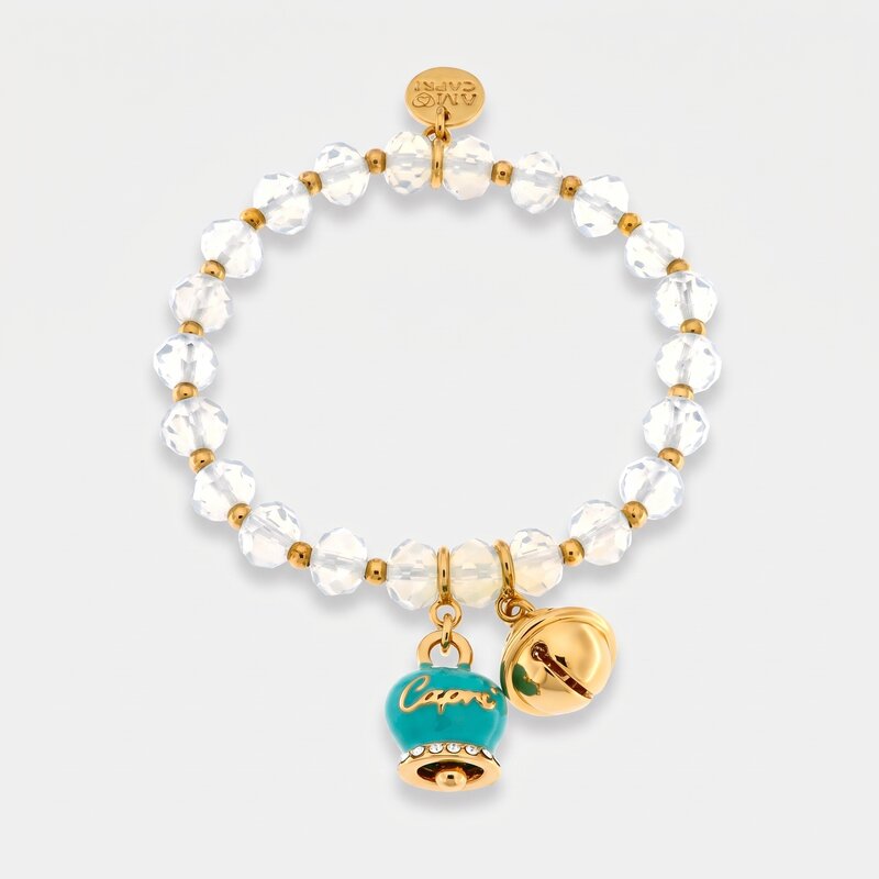 Bracciale in Metallo  campanella verde e piccolo sonaglio con pietre bianche