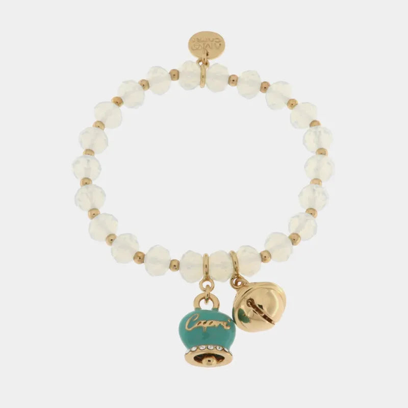 Bracciale in Metallo  campanella verde e piccolo sonaglio con pietre bianche