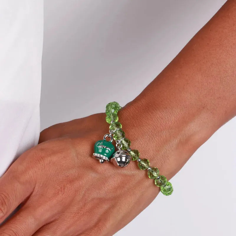 Bracciale in Metallo  campanella verde e piccolo sonaglio con pietre verdi