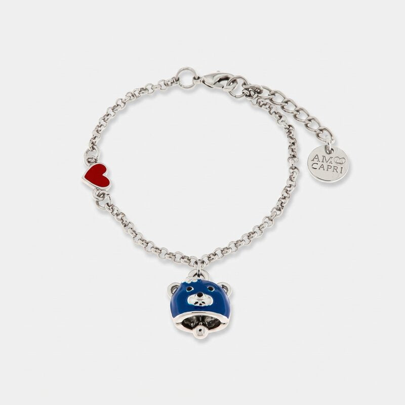 Bracciale in Metallo con campanella a forma di orso blu e cuore rosso - BYSIMON gioielli