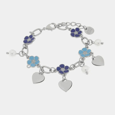 Bracciale in Metallo con fiori blu e cuori pendenti - BYSIMON gioielli