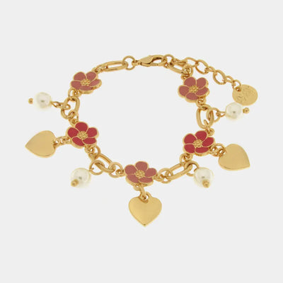 Metal bracelet with fuchsia flowers and hanging hearts