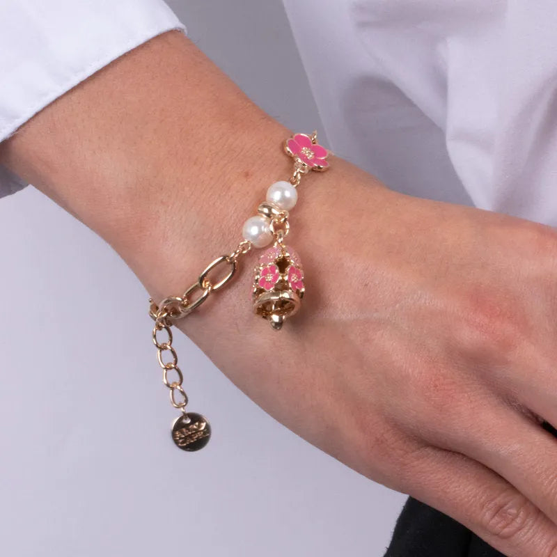 Bracciale in Metallo con campanella e fiori rosa e bianchi - BYSIMON gioielli