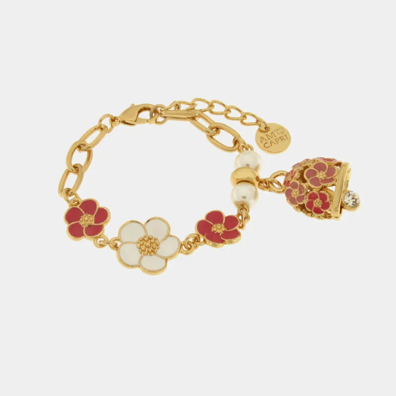 Bracciale in Metallo con campanella e fiori rosa e bianchi - BYSIMON gioielli