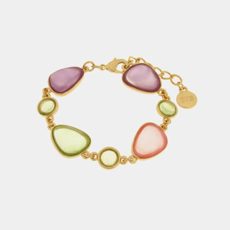 Metal bracelet with pink, green and purple teardrop crystals