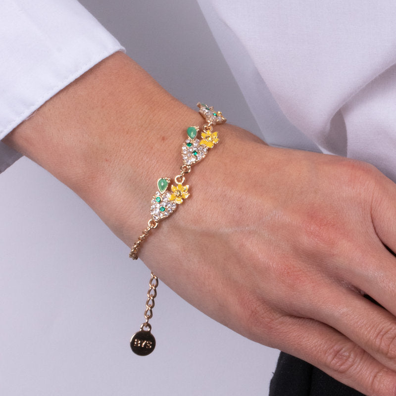 Metal bracelet with cactus and colored crystals