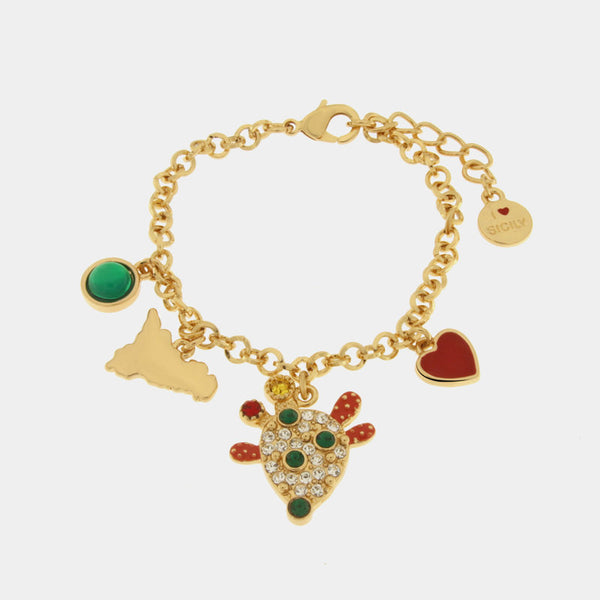 Bracciale in Metallo con cactus e Sicilia con cristalli verdi e cuore rosso SICILY - gioiello BySimon