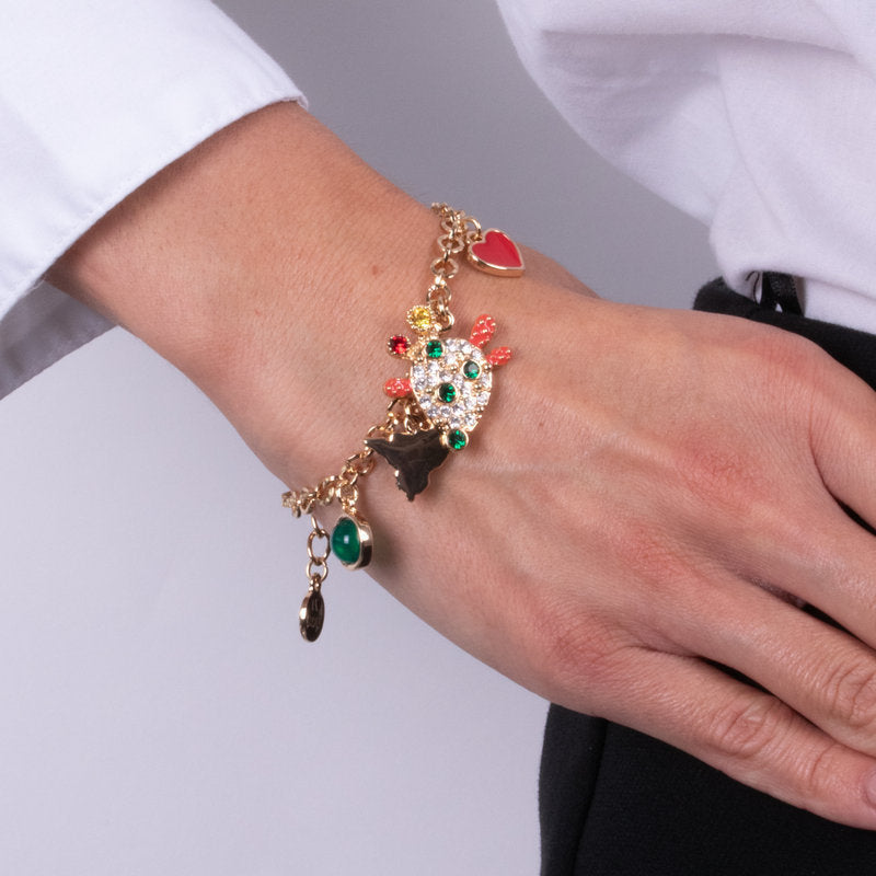 Bracciale in Metallo con cactus e Sicilia con cristalli verdi e cuore rosso SICILY - gioiello BySimon