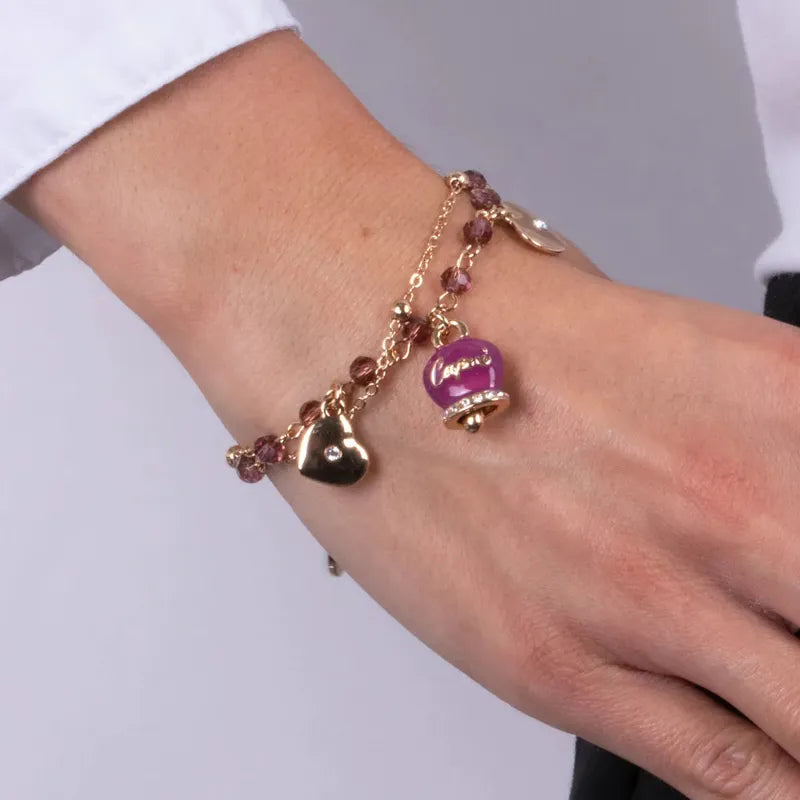 Bracciale in Metallo multifilo con campanella viola e pietre