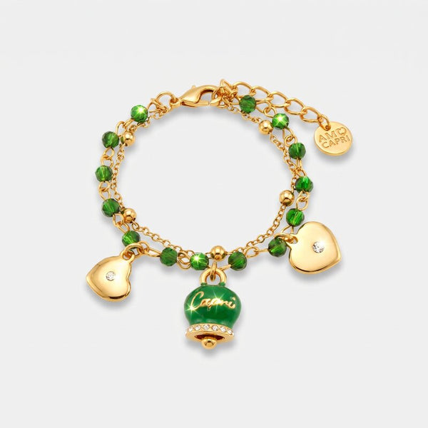 Bracciale in Metallo multifilo con campanella e pietre verdi