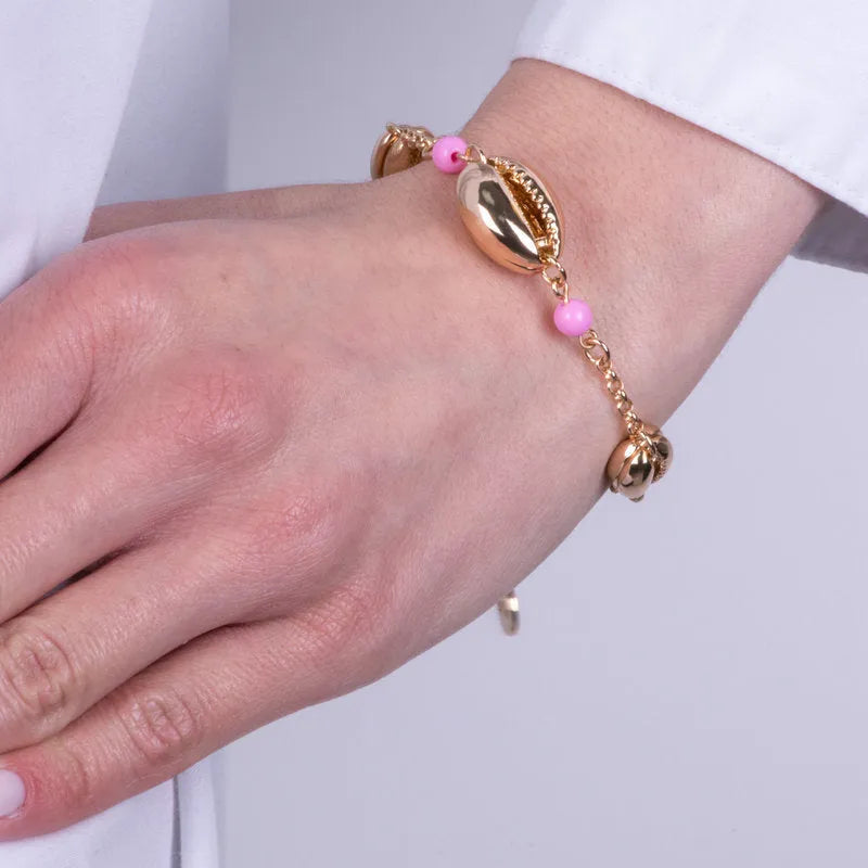 Metal Bracelet with Shell and Pink Beads
