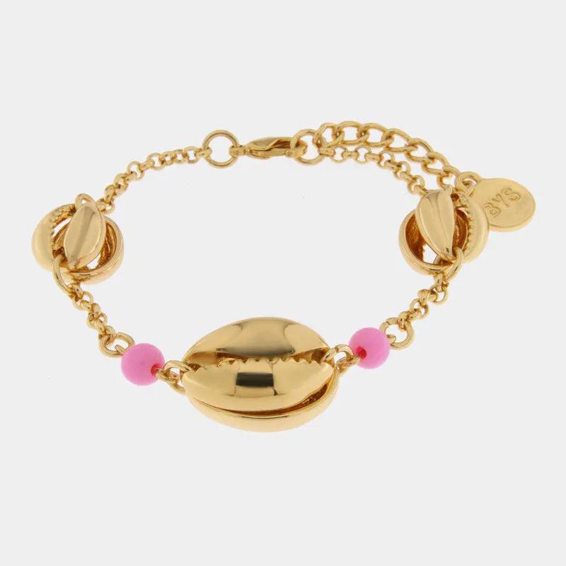 Metal Bracelet with Shell and Pink Beads