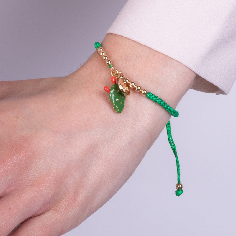 Bracciale in Metallo con cactus e cordino verde - BYSIMON gioielli