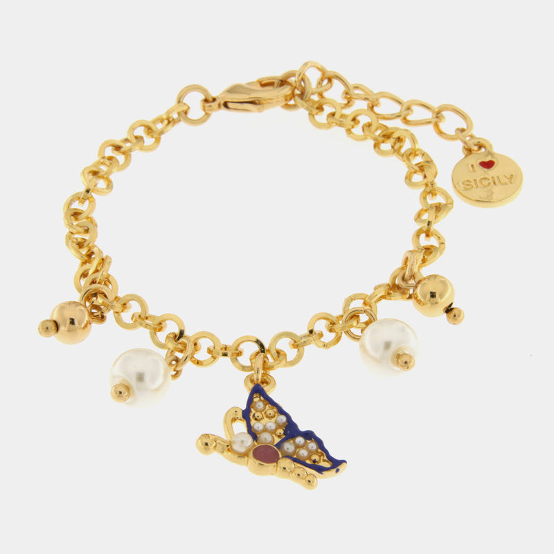 Bracciale in Metallo con farfalla blu e perle - BYSIMON gioielli