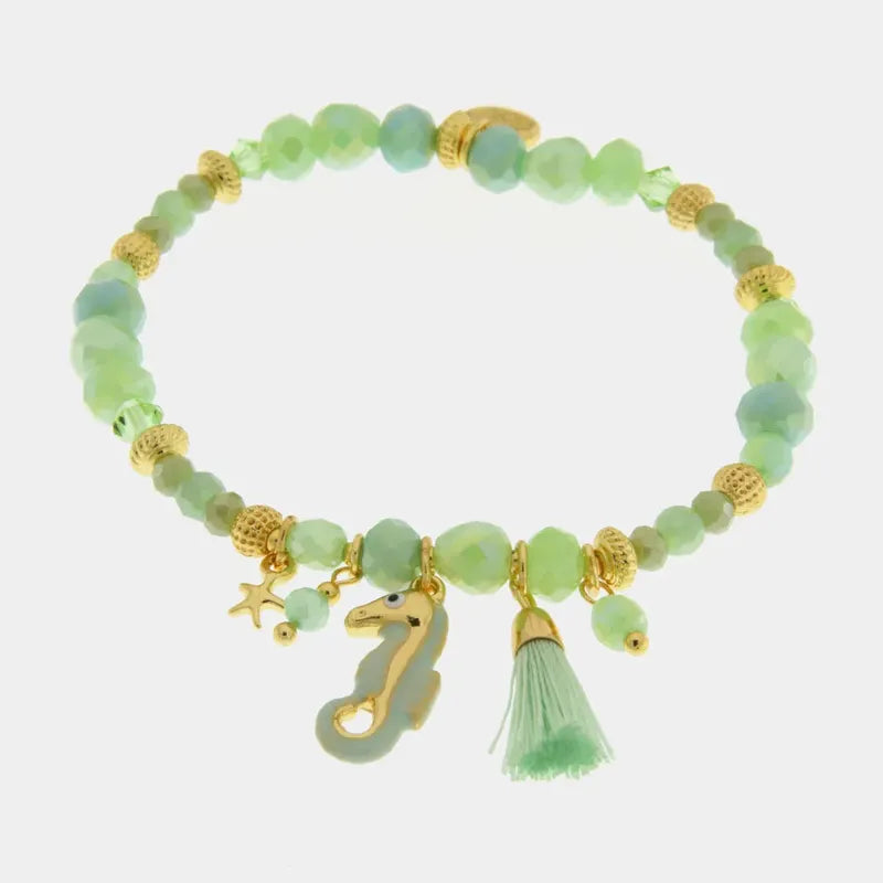 Bracciale in Metallo con sfere verdi e ciondolo cavalluccio marino
