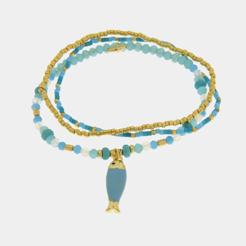 Bracciale in Metallo con perline azzurre e ciondolo pesciolino