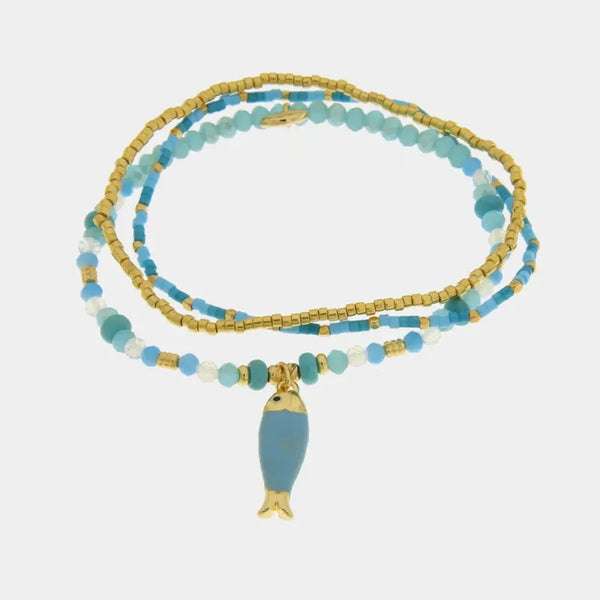 Bracciale in Metallo con perline azzurre e ciondolo pesciolino