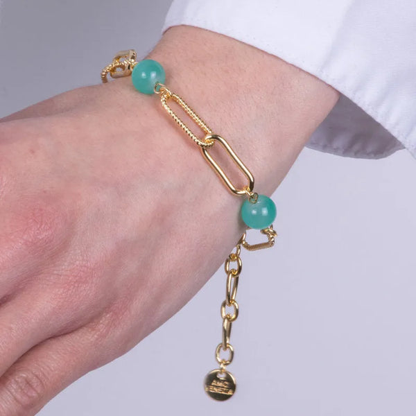 Chain Metal Bracelet with Green Crystals