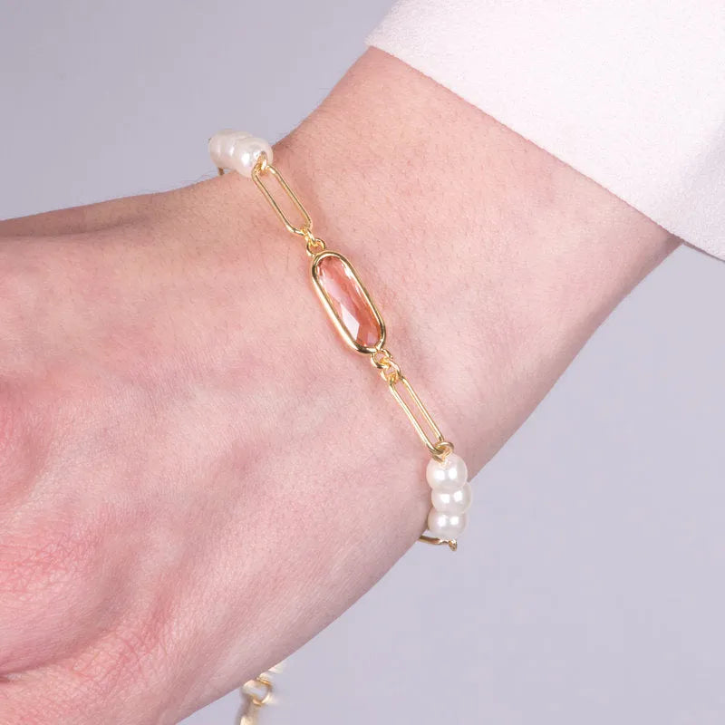Bracciale in Metallo con perle sintetiche e cristalli rosa - BYSIMON gioielli