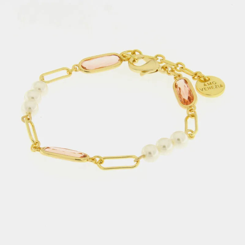Bracciale in Metallo con perle sintetiche e cristalli rosa - BYSIMON gioielli