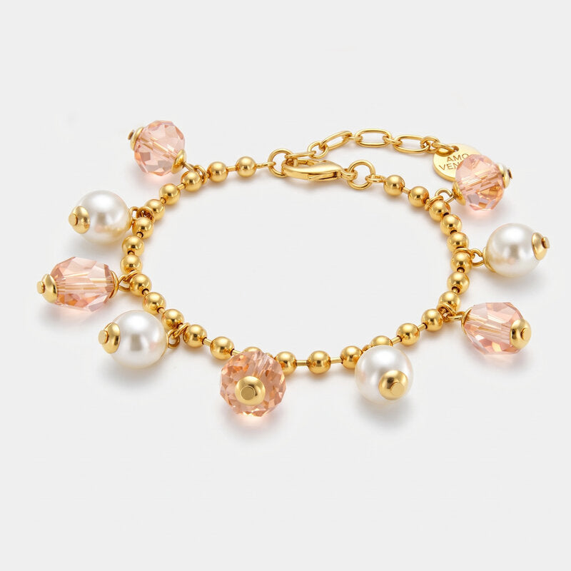Bracciale in Metallo con cristalli rosa e perle sintetiche - BYSIMON gioielli