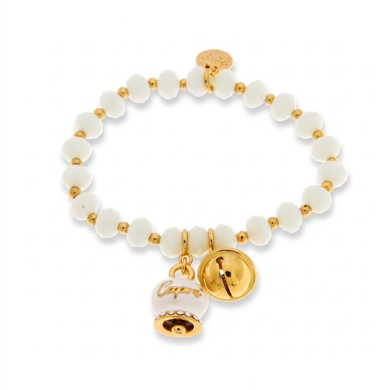 Bracciale in Metallo  campanella bianca e piccolo sonaglio con pietre bianche