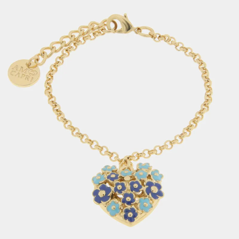 Bracciale in Metallo cuore impreziosito da fiori blu