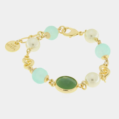 Bracciale in Metallo con cristallo verde e perle bianche e verde acqua