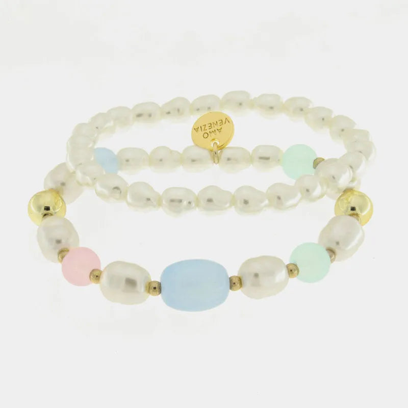 Bracciale in Metallo doppio filo con perle allungate multicolor - BYSIMON gioielli