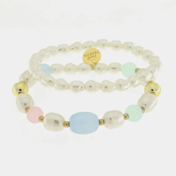 Bracciale in Metallo doppio filo con perle allungate multicolor - BYSIMON gioielli
