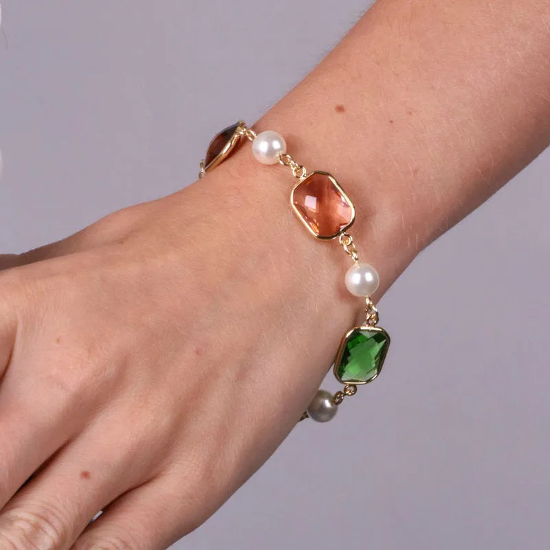 Bracciale in Metallo con perle bianche e cristalli multicolor