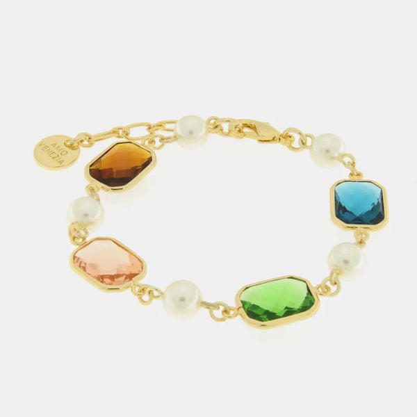 Bracciale in Metallo con perle bianche e cristalli multicolor - BYSIMON gioielli