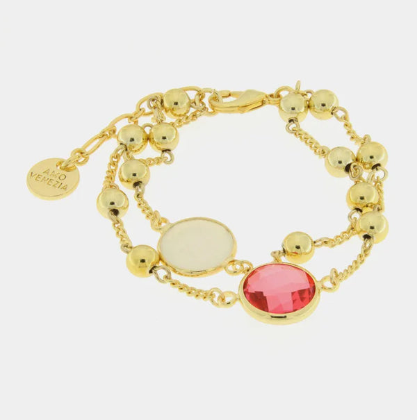 Bracciale in Metallo doppio filo coon cristallo bianco e rosa - BYSIMON gioielli