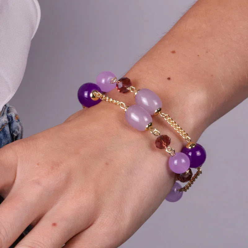 Bracciale in Metallo doppio filo con perle viola e pietre allungate - BYSIMON gioielli