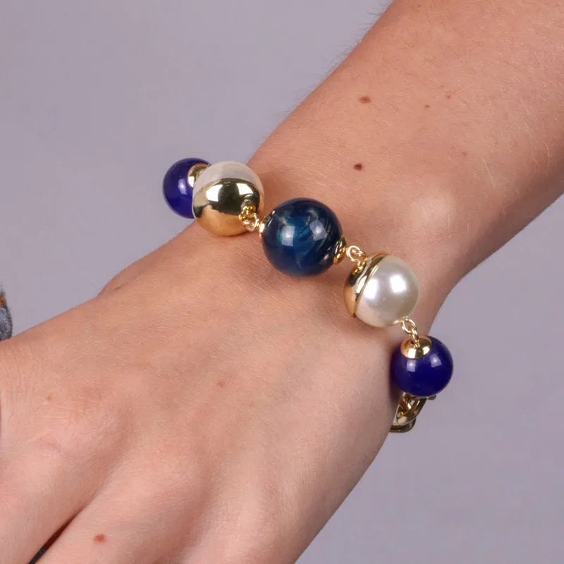 Bracciale in Metallo con perle nera , bianca e blu - BYSIMON gioielli