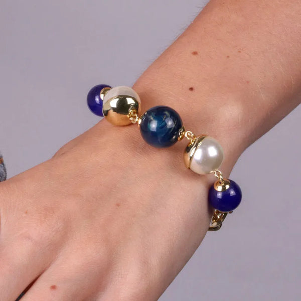 Bracciale in Metallo con perle nera , bianca e blu - BYSIMON gioielli