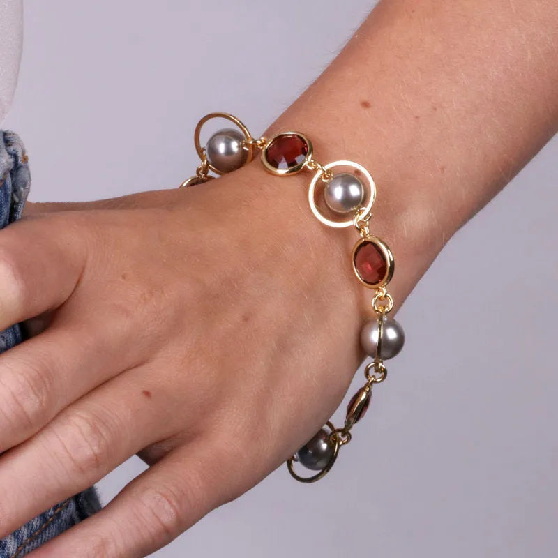 Bracciale in Metallo con cristalli marroni , cerchi e perline - BYSIMON gioielli