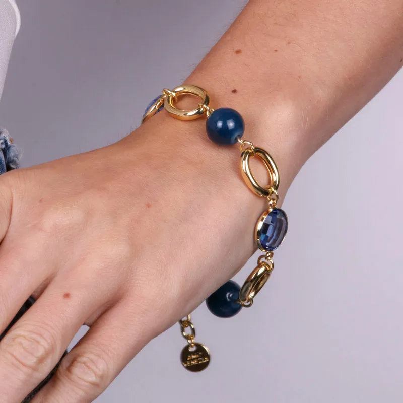 Bracciale in Metallo con catene e cristalli e perle blu - BYSIMON gioielli