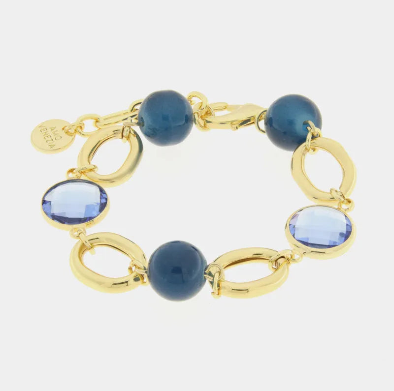 Bracciale in Metallo con catene e cristalli e perle blu - BYSIMON gioielli