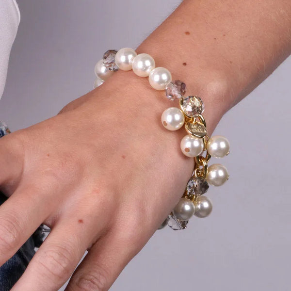 Bracciale in Metallo con perle bianche e cristalli - BYSIMON gioielli