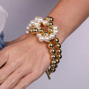 Bracciale in Metallo con chiusura t-bar e perle bianche e oro