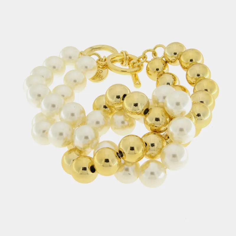 Bracciale in Metallo con chiusura t-bar e perle bianche e oro - BYSIMON gioielli