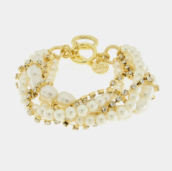 Bracciale in Metallo mutifilo intrecciato con perle e zriconi - BYSIMON gioielli